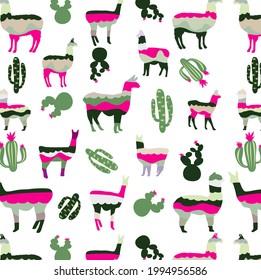 Background with colorful animals (llamas), flowering cacti .