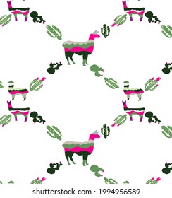 Background with colorful animals (llamas), flowering cacti .