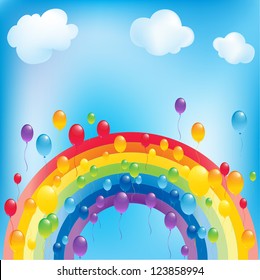 Background with colorful balloons and rainbow
