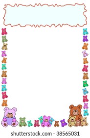 background with a colorful border out of teddy baers and lightblue frame with curved lineborder in the top