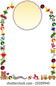 background with a colorful border out of toys and a round frame in the top.