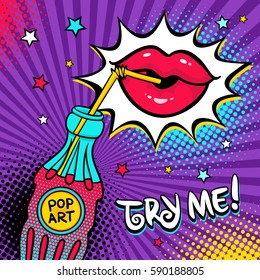 Background With Colorful Bottle Of Soda Water With A Straw And Pop Art Label, Female Lips Drinking It, Stars And Try Me Text. Vector Illustration In Comic Retro Pop Art Style.