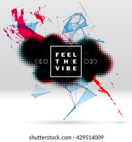 Background with colorful brush stroke, black halftone blot, triangular dotted grid and hipster label