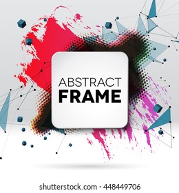 Background with colorful brush stroke, black halftone blot, triangular dotted grid and frame