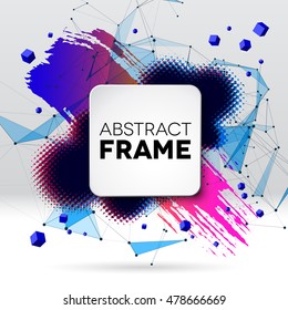 Background with colorful brush stroke, black halftone blot, triangular dotted grid and frame