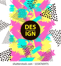 Background with colorful brush strokes and geometric figures. Vector illustration