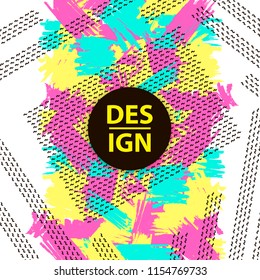 Background with colorful brush strokes and geometric figures. Vector illustration