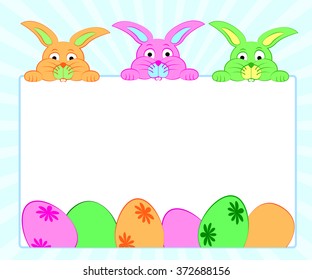 Background with colorful bunnies and eggs for Easter with free space .