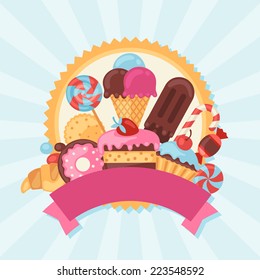 Background with colorful candy, sweets and cakes.