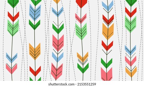 Background with colorful chained chevron patterns and slightly curved solid and dashed lines. Wallpaper, wall decoration.