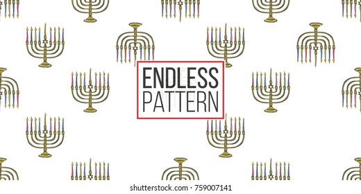 Background with colorful children hand drawn hanukkah celebration symbols: candlestick and dreidel. Set of isolated chanukah ceremony decorative art elements on white backdrop