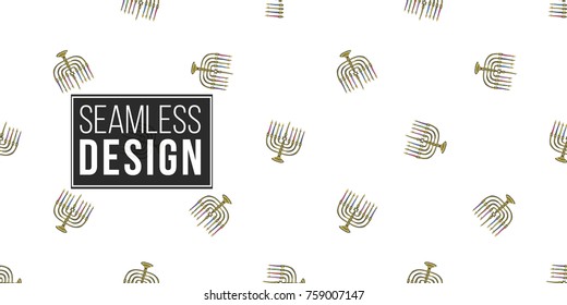 Background with colorful children hand drawn hanukkah celebration symbols: candlestick and dreidel. Set of isolated chanukah ceremony decorative art elements on white backdrop