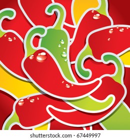 Background from colorful chili peppers with the drops of water. Vector illustration.