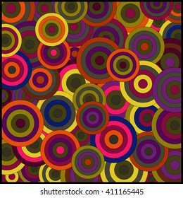 Background, colorful circles, isolates. Black frame. Vector illustration.