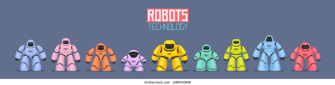 Background of Colorful Different Robots. isolated on blue background