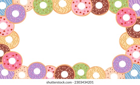 Background of colorful donuts with place for text useful to use for design of cafe, menu, promo banner, sales. Various types of donuts in glaze and chocolate. Flat vector cartoon illustration.