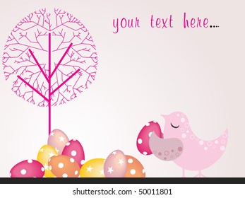 background with colorful egg, tree and bird holding egg
