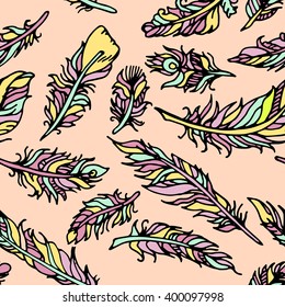 Background of colorful feathers. Vector feathers.