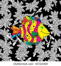 Background of colorful fish and doodles seaweed on black color