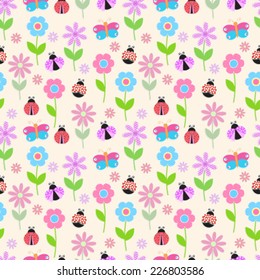 background with colorful flowers, butterflies and ladybug
