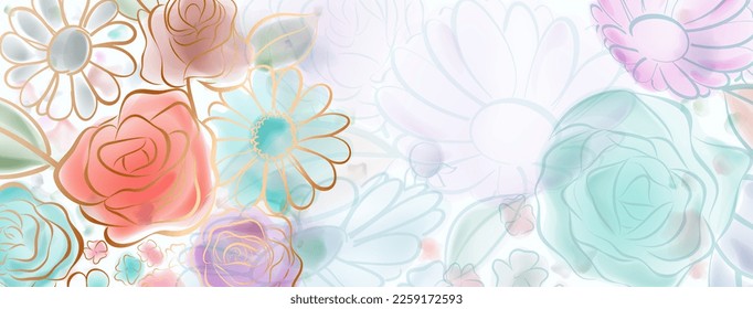 Background of colorful flowers painted with watercolors and a calligraphic brush
