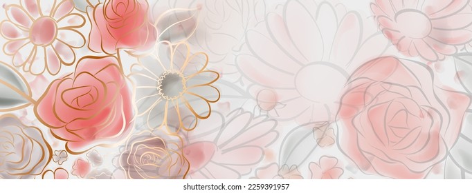 Fondo de flores coloridas pintadas con acuarelas y pincel caligráfico