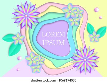 Background with colorful flowers and paper leaves. Vector illustration.
