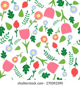 Background of colorful flowers. Pattern of flowers tulip and bluebell flower.