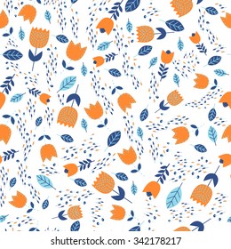 Background of colorful flowers. Pattern of flowers tulip and bluebell flower.