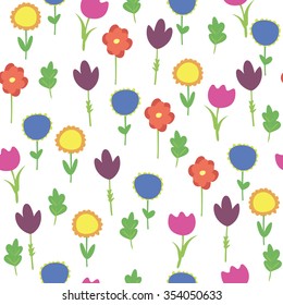 Background of colorful flowers. Pattern of flowers tulip and bluebell flower.