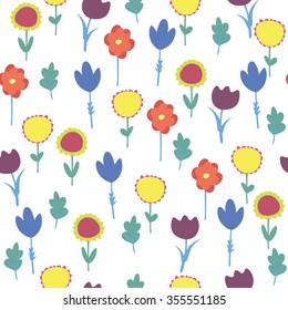 Background of colorful flowers. Pattern of flowers tulip and bluebell flower.