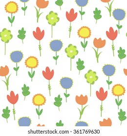 Background of colorful flowers. Pattern of flowers tulip and bluebell flower.