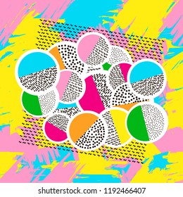 Background with colorful geometric figures and brush strokes. Vector illustration.
