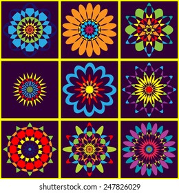 Background colorful geometric pattern of flowers. Bright oriental colors