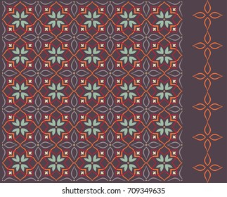 Background with colorful geometric  pattern as main body in the center and geometric flowery stripe on the right side. Warm colors