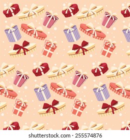 Background with colorful gift boxes with bows and ribbons in different shapes, seamless pattern, vector illustration