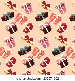 Background with colorful gift boxes with bows and ribbons in different shapes, seamless pattern, vector illustration