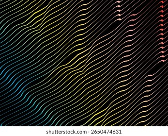The background is a colorful gradient wavy diagonal striped pattern on a black background, creating a dynamic and modern visual effect.