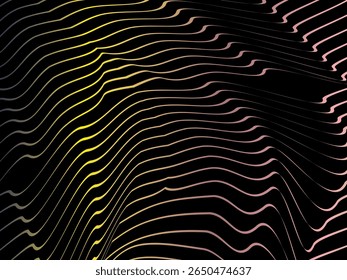 O plano de fundo é um padrão colorido em diagonal ondulada de gradiente listrado em um plano de fundo preto, criando um efeito visual dinâmico e moderno.