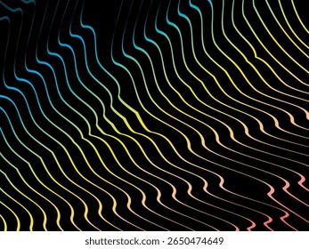 The background is a colorful gradient wavy diagonal striped pattern on a black background, creating a dynamic and modern visual effect.