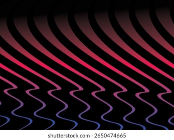 O plano de fundo é um padrão colorido em diagonal ondulada de gradiente listrado em um plano de fundo preto, criando um efeito visual dinâmico e moderno.
