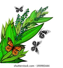 background of colorful green flowers with butterflies. Vector 