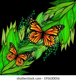 background of colorful green flowers with butterflies