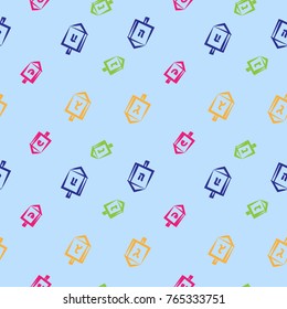 Background with colorful hand drawing hanukkah celebration symbols: dreidel. Set of isolated chanukah ceremony decorative art elements on light blue backdrop