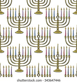 Background with colorful hand drawn hanukkah celebration symbols: candlestick. Set of isolated chanukah ceremony decorative art elements on white backdrop