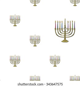 Background with colorful hand drawn hanukkah celebration symbols: candlestick. Set of isolated chanukah ceremony decorative art elements on white backdrop