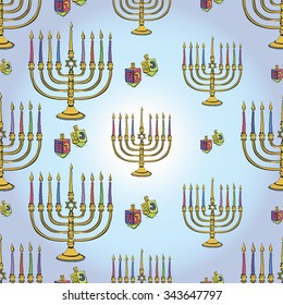 Background with colorful hand drawn hanukkah celebration symbols: candlestick and children dreidel. Set of isolated chanukah ceremony decorative art elements on light blue backdrop