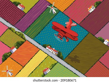 Background with colorful harvesting fields and flying red airplane