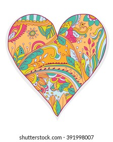 background, colorful heart pattern with floral ornament drawn by hand on a white background