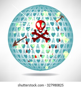 Background of colorful hearts and bones in the shape of a ball